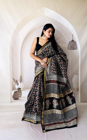 Exclusive Traditional Hand Block Printed Maheshwari Silk Saree with Blouse Piece
