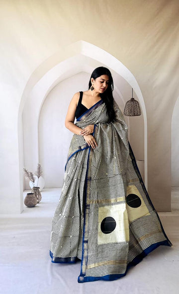 Exclusive Traditional Hand Block Printed Maheshwari Silk Saree with Blouse Piece