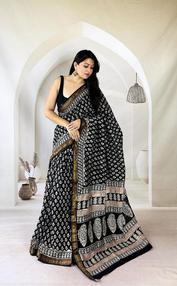 Exclusive Traditional Hand Block Printed Maheshwari Silk Saree with Blouse Piece