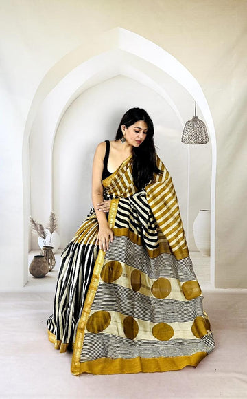Exclusive Traditional Hand Block Printed Maheshwari Silk Saree with Blouse Piece