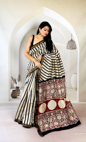 Exclusive Traditional Hand Block Printed Maheshwari Silk Saree with Blouse Piece