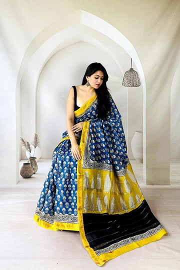 Exclusive Traditional Hand Block Printed Maheshwari Silk Saree with Blouse Piece