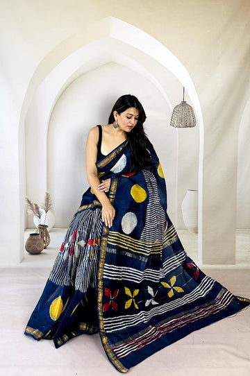 Exclusive Traditional Hand Block Printed Maheshwari Silk Saree with Blouse Piece