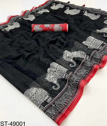 Soft Linen Sarees with Elephant Digital Print