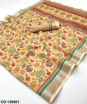 Kazari Series – Beautiful Floral Digital Print Cotton Linen Sarees with Zari Border