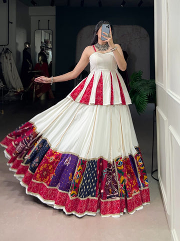 Navratri Special White Rayon Lehenga with Multi-Color Patch Work & Bandhani Print Blouse