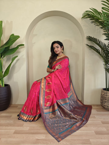Tanya Pink Royal Paithani Silk Saree with Kanchipuram Touch & Contrast Blouse