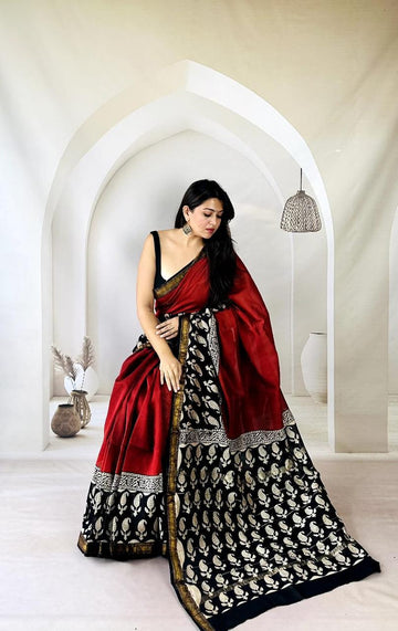 Exclusive Traditional Hand Block Printed Maheshwari Silk Saree with Blouse Piece