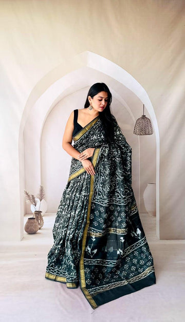 Exclusive Traditional Hand Block Printed Maheshwari Silk Saree with Blouse Piece