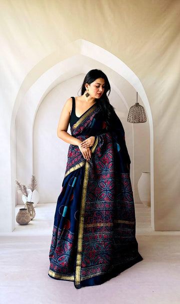 Exclusive Traditional Hand Block Printed Maheshwari Silk Saree with Blouse Piece