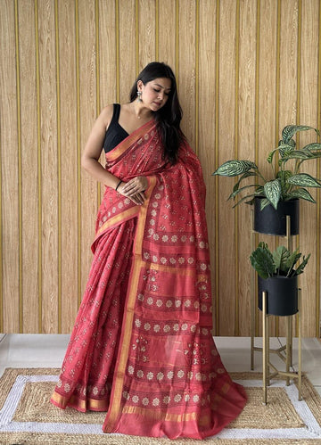 Exclusive Traditional Hand Block Printed Maheshwari Silk Saree with Blouse Piece