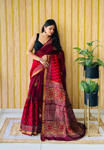 Exclusive Traditional Hand Block Printed Maheshwari Silk Saree with Blouse Piece