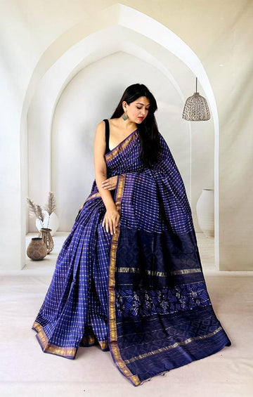 Exclusive Traditional Hand Block Printed Maheshwari Silk Saree with Blouse Piece