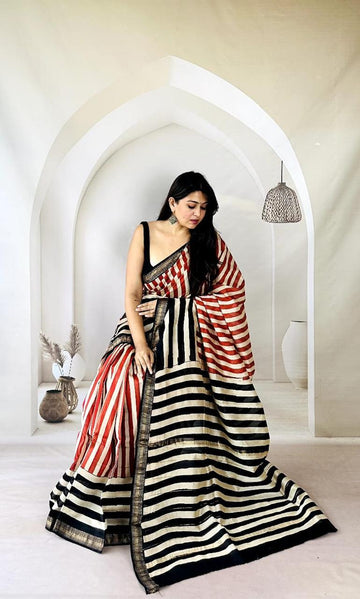 Exclusive Traditional Hand Block Printed Maheshwari Silk Saree with Blouse Piece