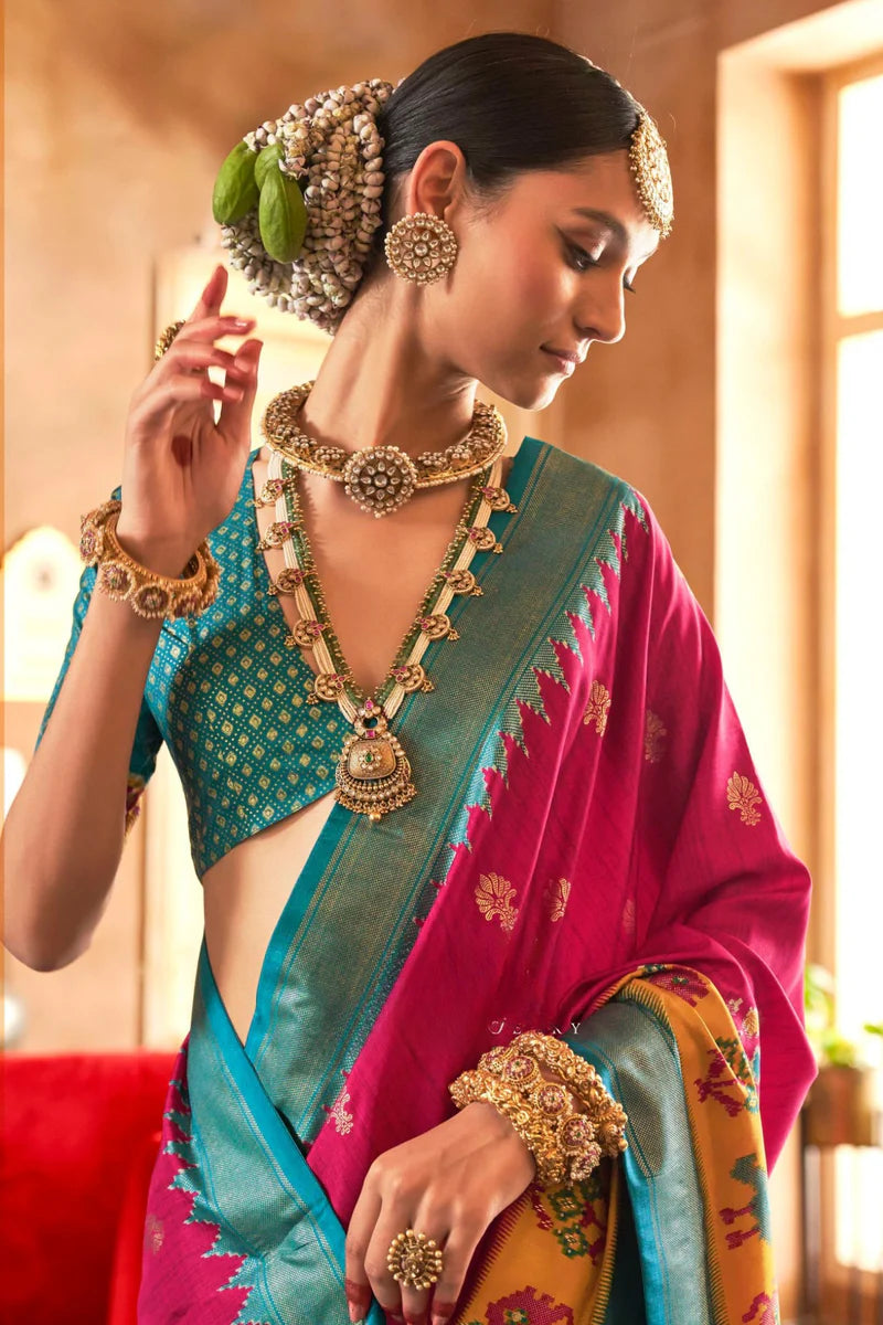 Dragon Fruit Pink  Monsoon Blue Mercerized Sigma Silk with Sambalpuri Pallu & Aqua Finish