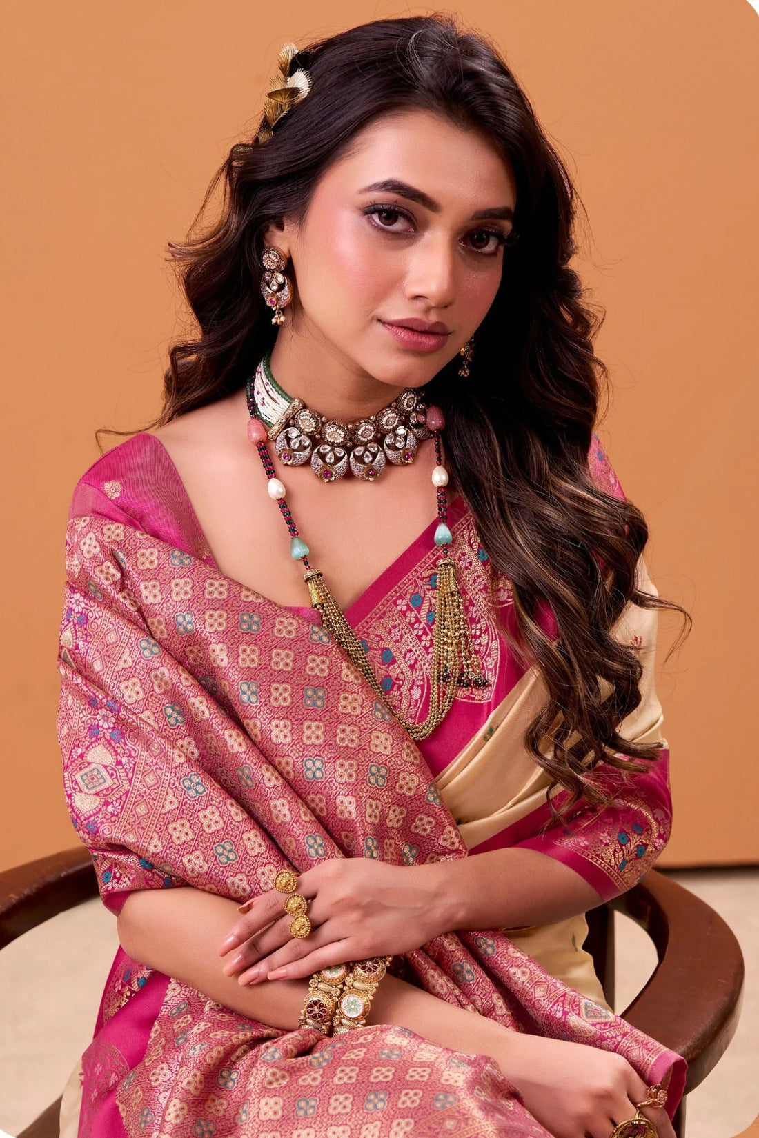 Taapi Ghat Ghat Almond Cream Satin Silk Banarasi Designer Saree