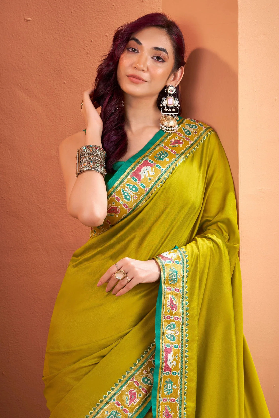 VRUNDAVN Pear Green Patola Silk Saree