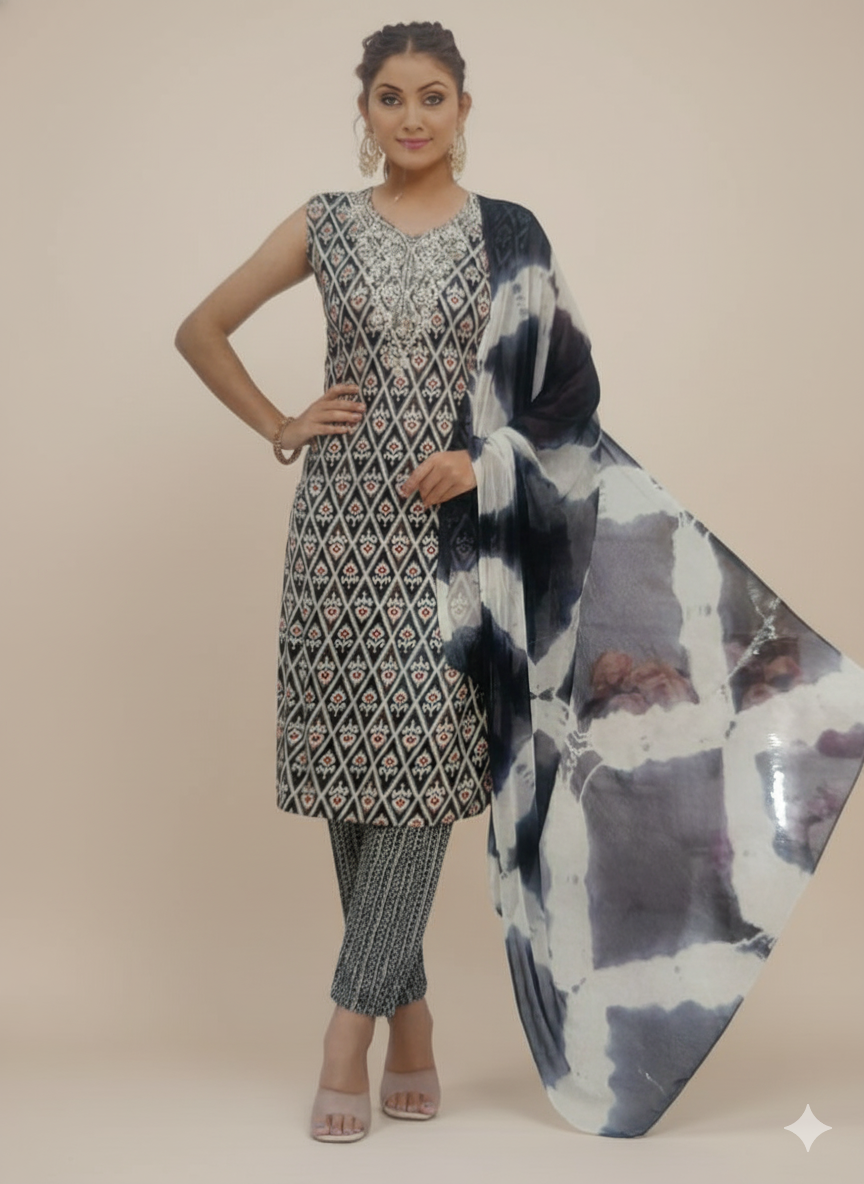 Bold & Beautiful Heavy Rayon Foil Print Kurti Pant Dupatta Set