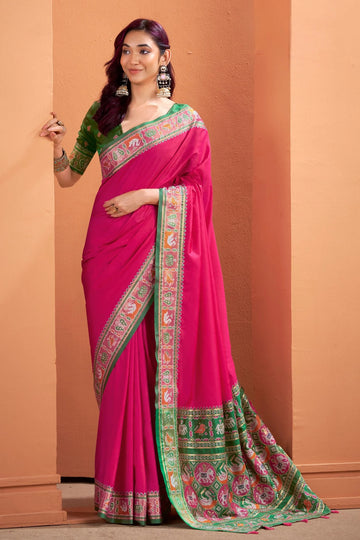 VRUNDAVN Rouge Pink Patola Silk Saree
