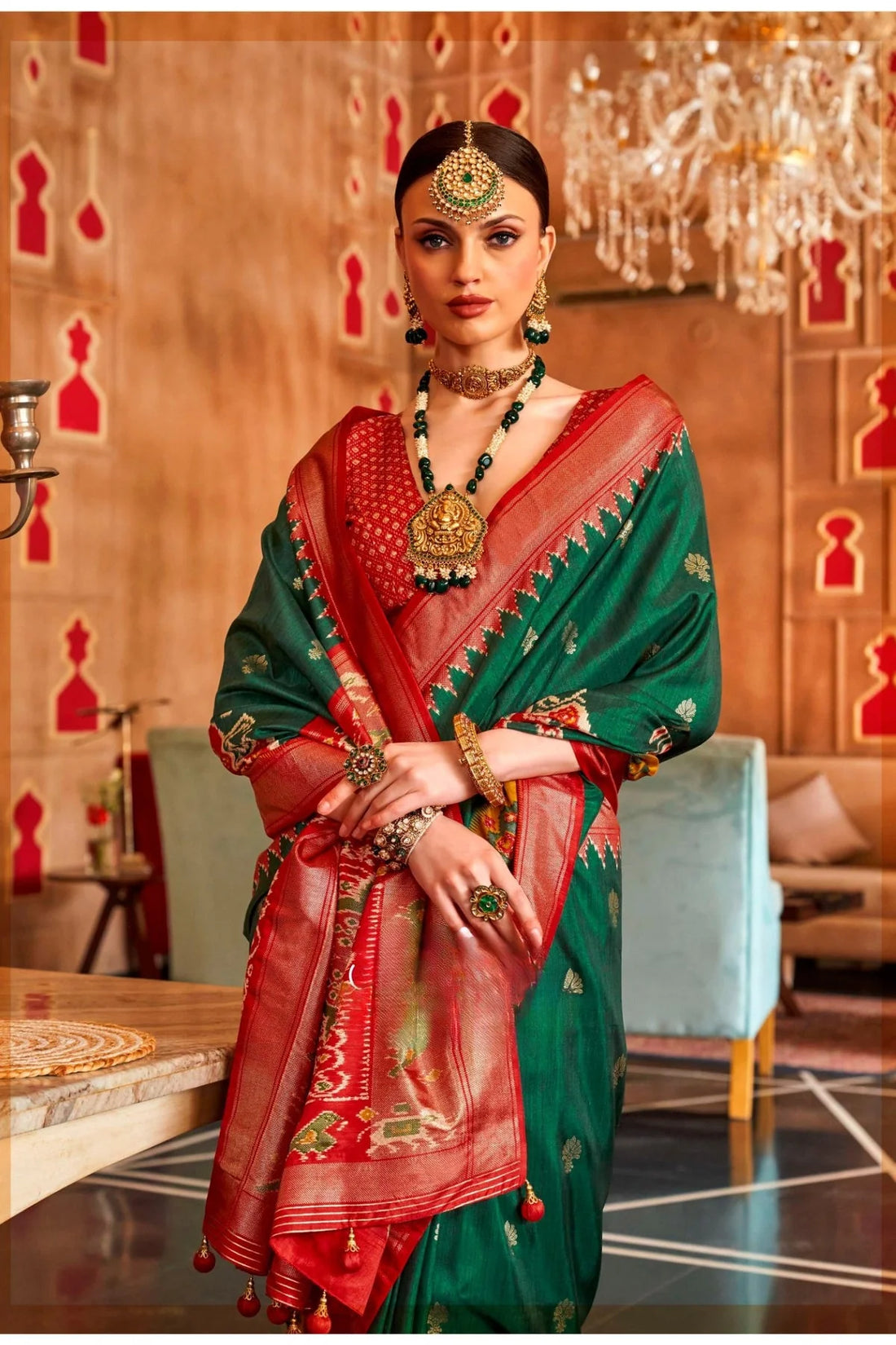 Green and Red Mercerized Sigma Silk with Sambalpuri Pallu & Aqua Finish