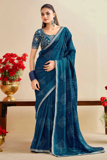 Dark Teal Blue Bandhniya Georgette Saree