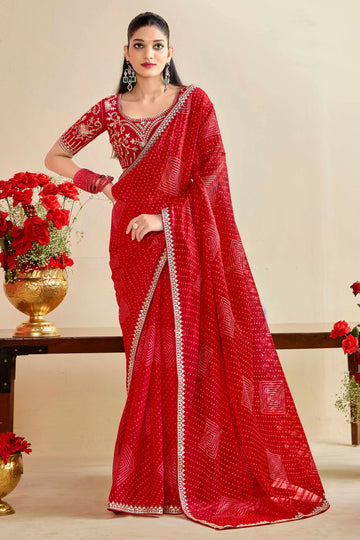Bright Red Bandhniya Georgette Saree