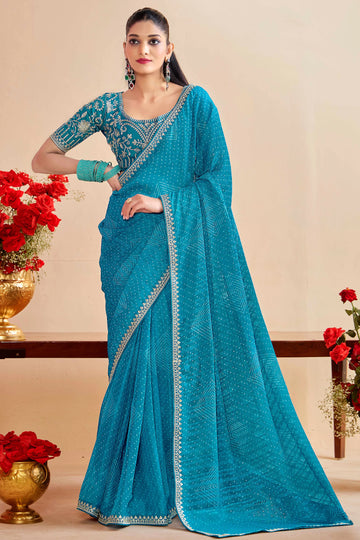 Blue Bandhniya Georgette Saree