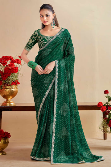 Bottle Green Bandhniya Georgette Saree