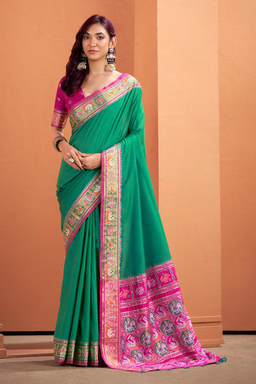 VRUNDAVN Forest Green Patola Silk Saree