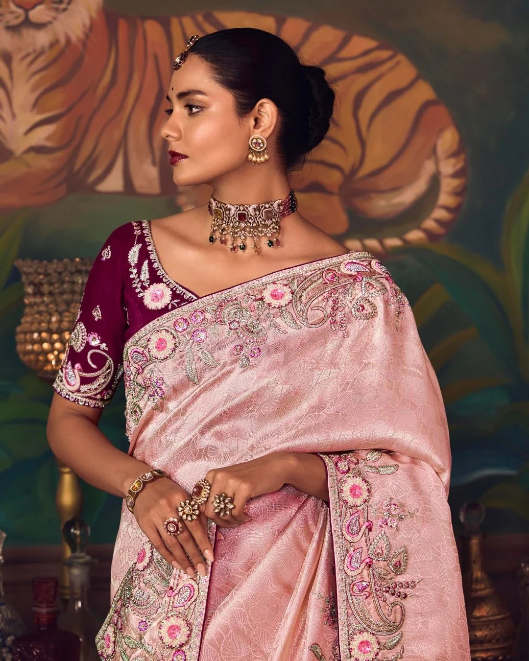 Rose Pink Shagun Silk Saree with Hand Embroidery & Contrast Blouse