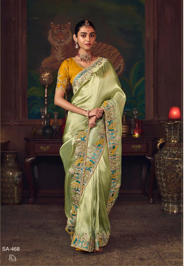Soft Pistachio Green Silk Saree with Hand worked Border & Designer Embroidery