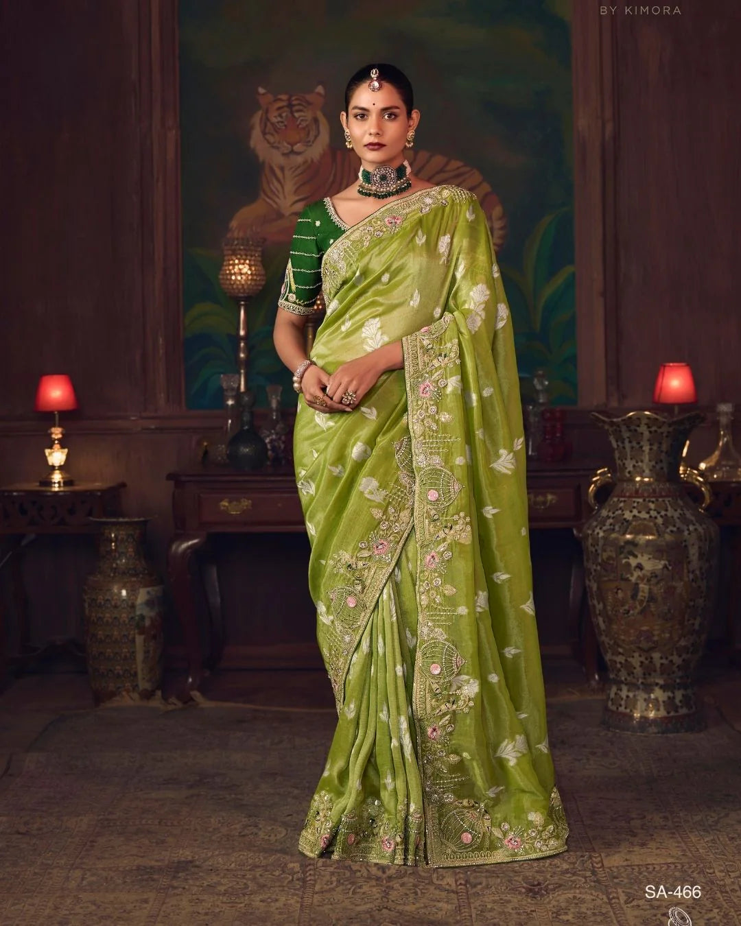 Olive Green Shagun Silk Saree with Hand Embroidery & Designer Blouse