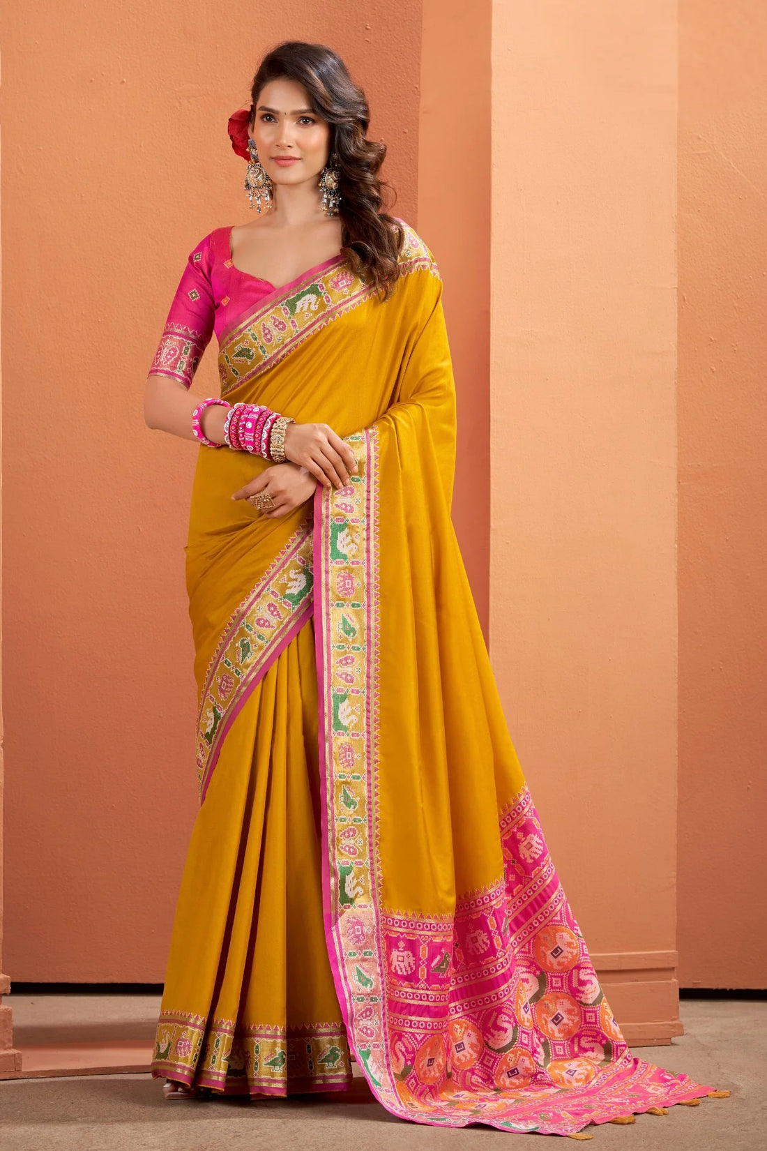 VRUNDAVN Mustard Yellow Patola Silk Saree