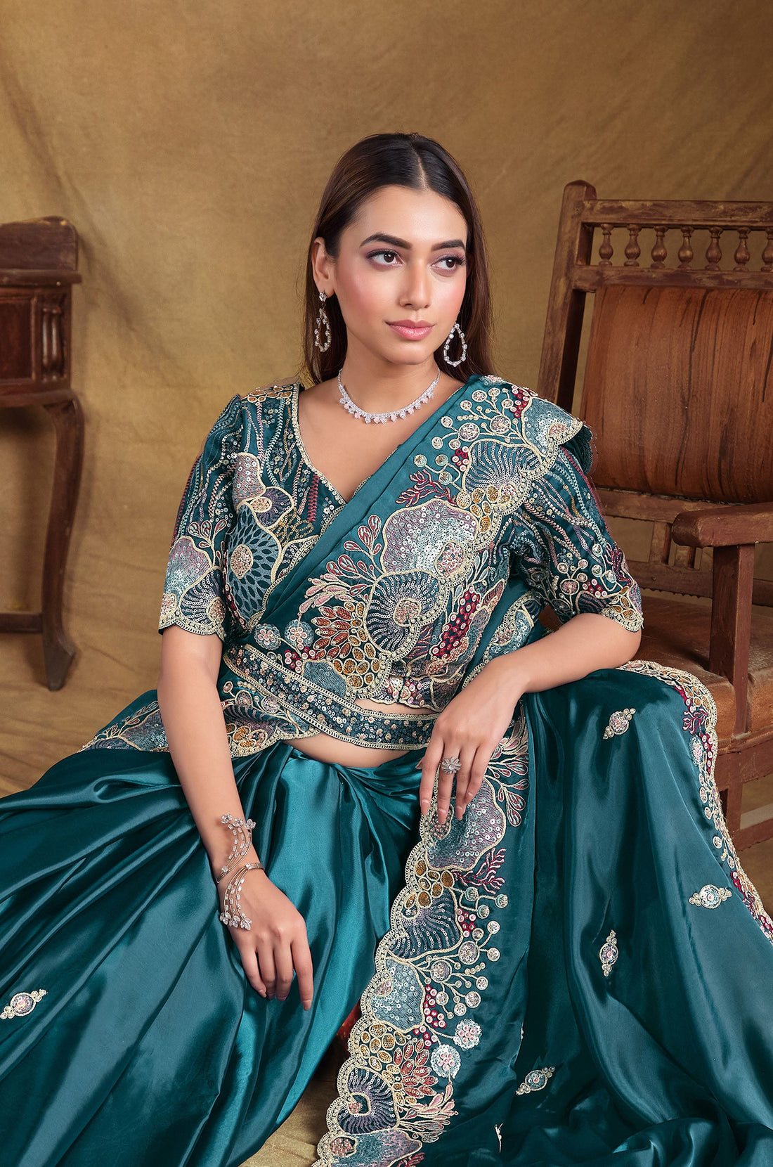 Mahotsav Blue Satin Saree with Handwork Embroidery