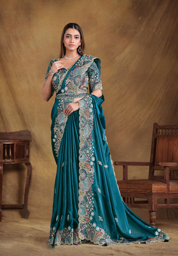 Mahotsav Blue Satin Saree with Handwork Embroidery