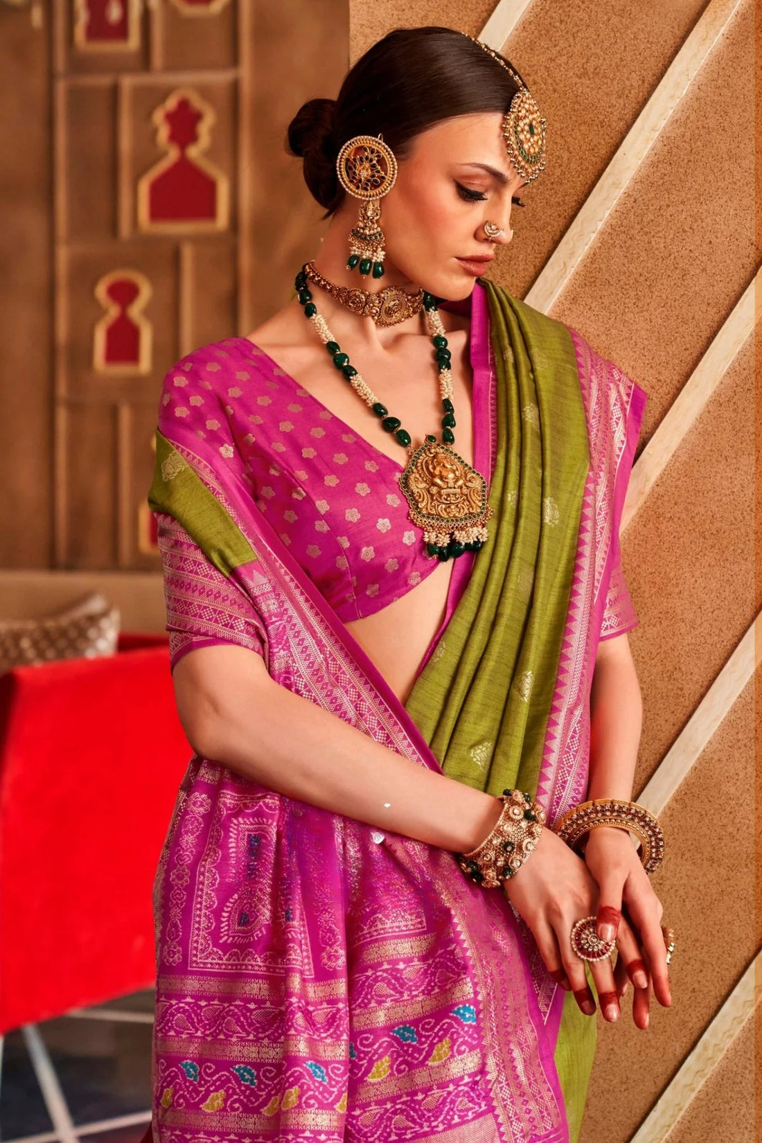 Olive Green & Pink Mercerized Sigma Silk with Sambalpuri Pallu & Aqua Finish