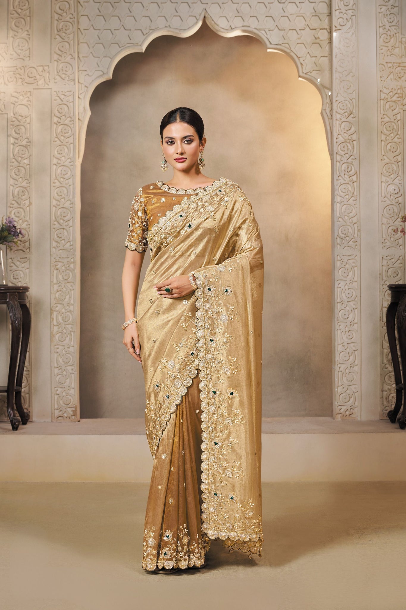 MAHOTSAV Golden Embroidered Silk Saree with Stone Work & Designer Blouse
