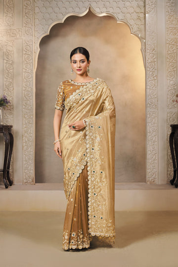 MAHOTSAV Golden Embroidered Silk Saree with Stone Work & Designer Blouse