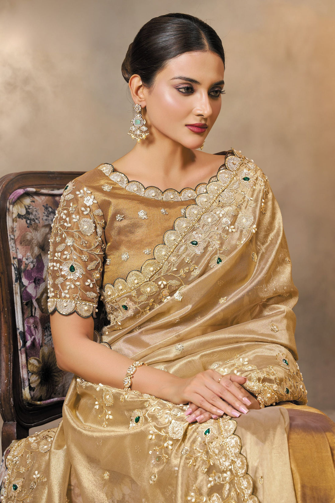MAHOTSAV Golden Embroidered Silk Saree with Stone Work & Designer Blouse