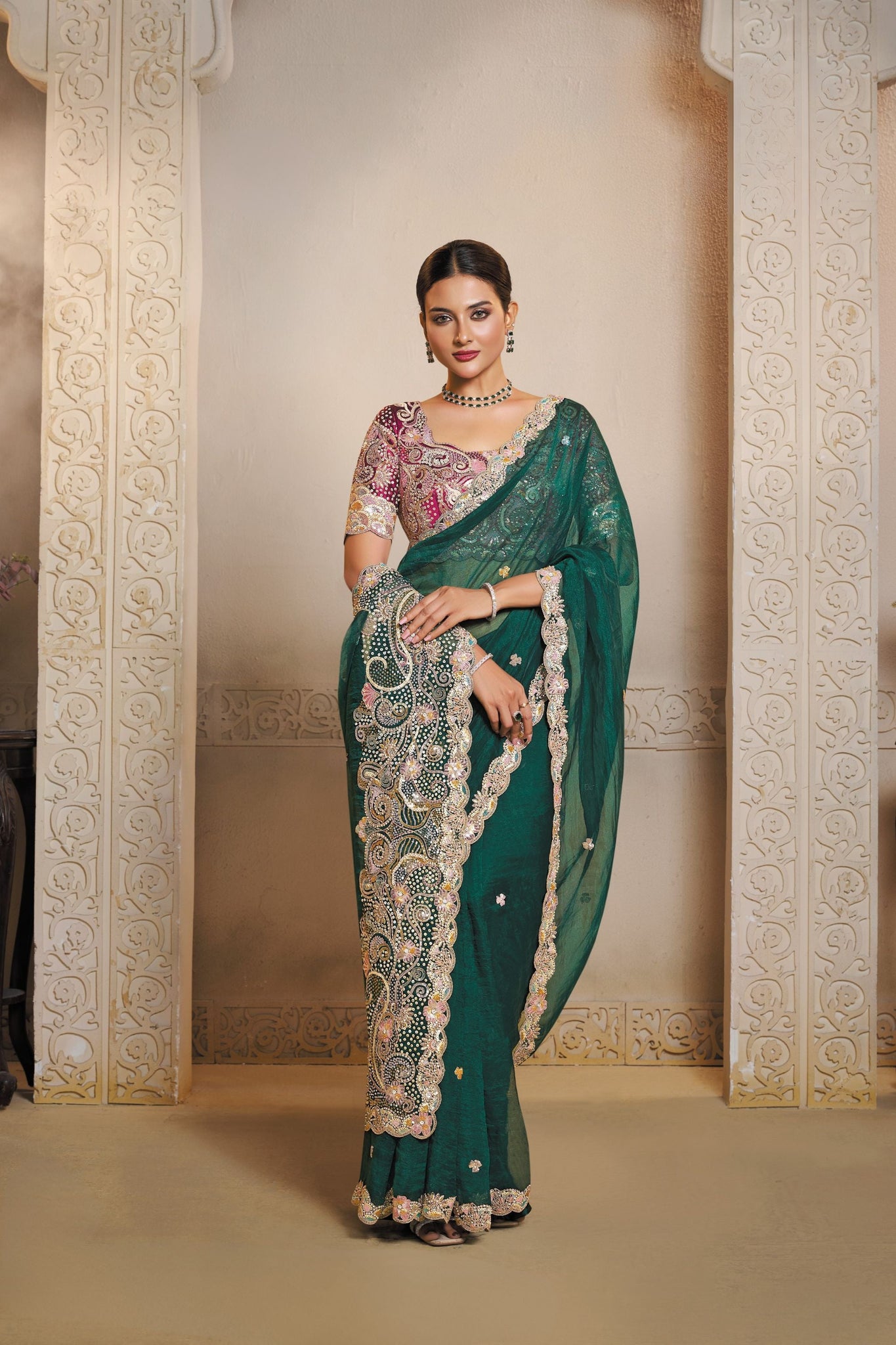 MAHOTSAV Elegant Dark Green Designer Net Saree with Contrast Blouse