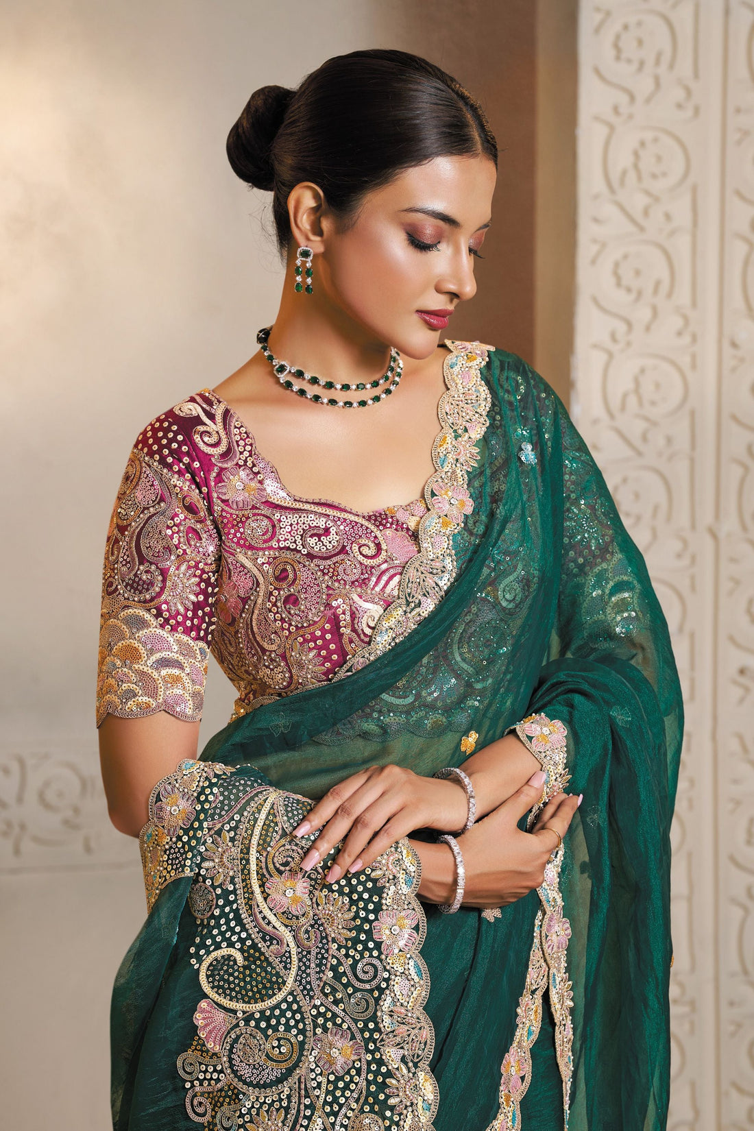 MAHOTSAV Elegant Dark Green Designer Net Saree with Contrast Blouse