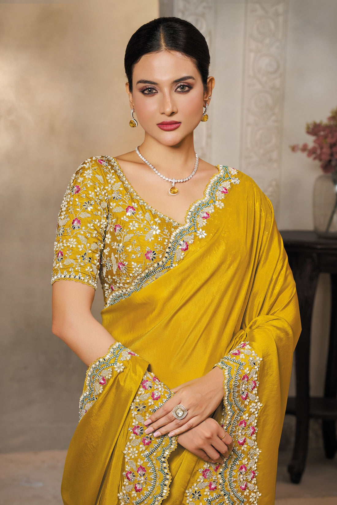 Mahotsav Mustard Yellow Silk Saree with Stone & Zari Border – Designer Saree