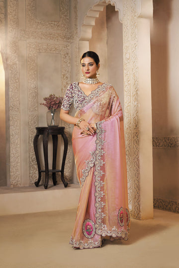 Mahotsav Peach Pink Designer Silk Saree with Heavy Stone & Zari Work Border