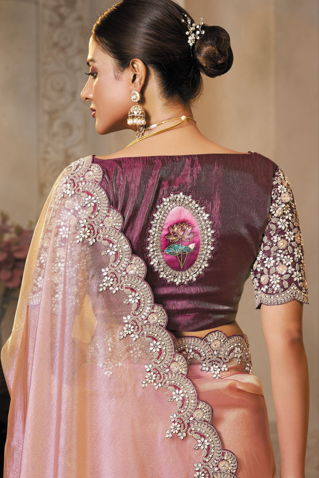 Mahotsav Peach Pink Designer Silk Saree with Heavy Stone & Zari Work Border