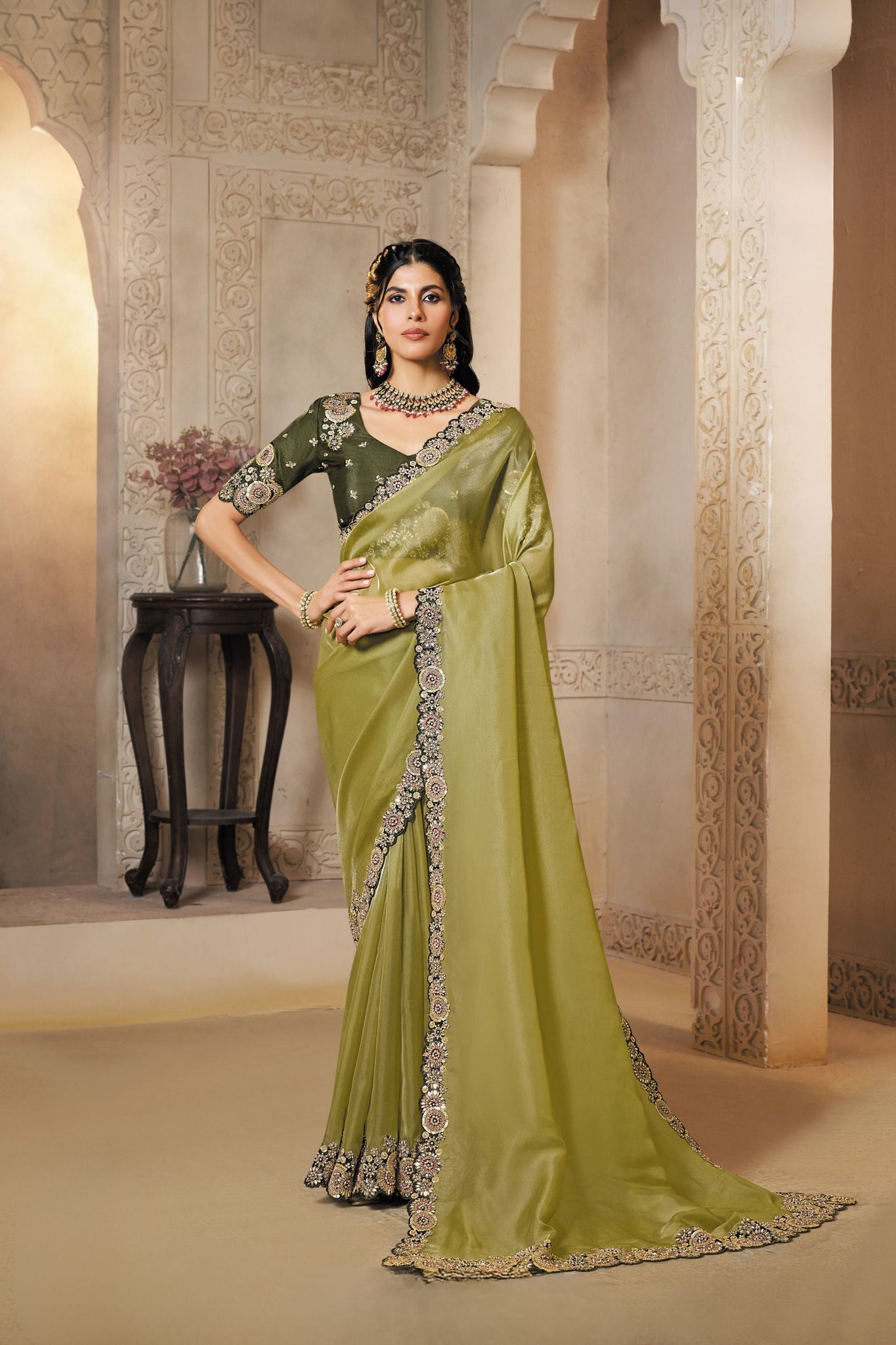 Mahotsav Olive Green Designer Silk Saree with Heavy Border & Contrast Blouse