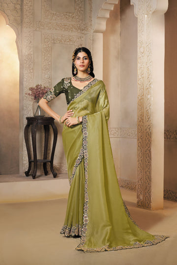 Mahotsav Olive Green Designer Silk Saree with Heavy Border & Contrast Blouse