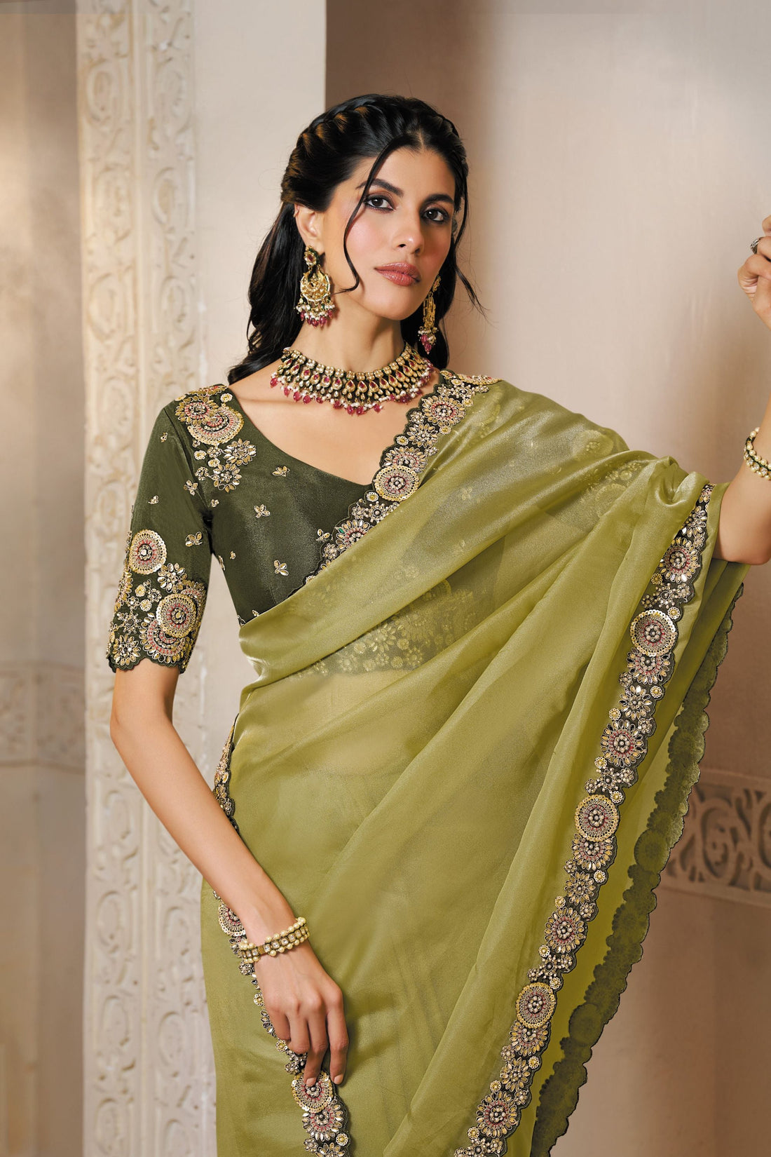 Mahotsav Olive Green Designer Silk Saree with Heavy Border & Contrast Blouse