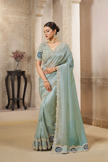Mahotsav Pastel Cyan Green Organza Silk Saree with Heavy Border