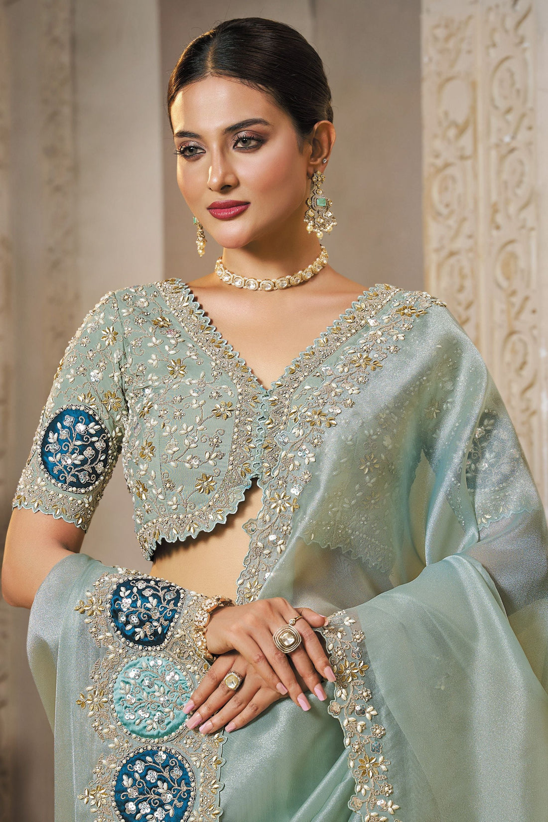 Mahotsav Pastel Cyan Green Organza Silk Saree with Heavy Border