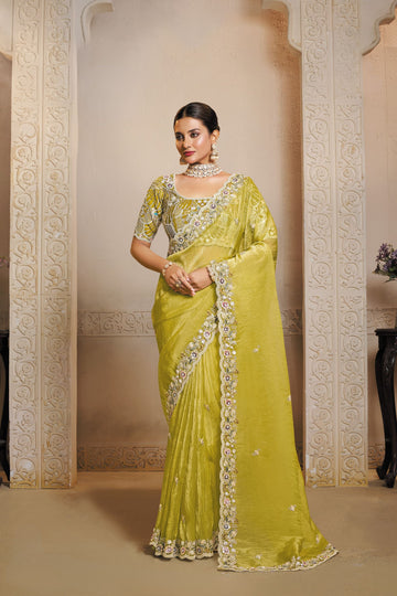 Mahotsav Lime Green Designer Embroidered Silk Saree with Heavy Blouse
